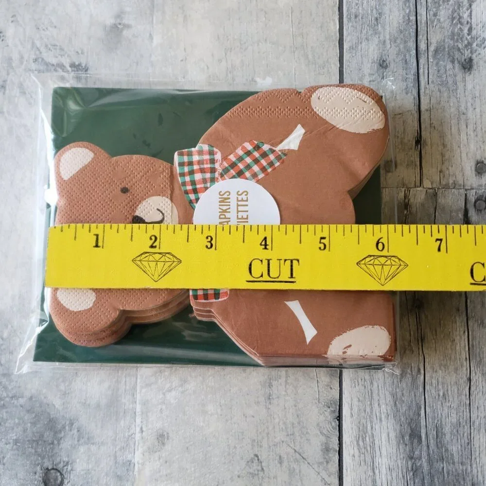 NWT - Meri Meri Bear With Plaid Bow Paper - 16 Plates and 32 Napkins